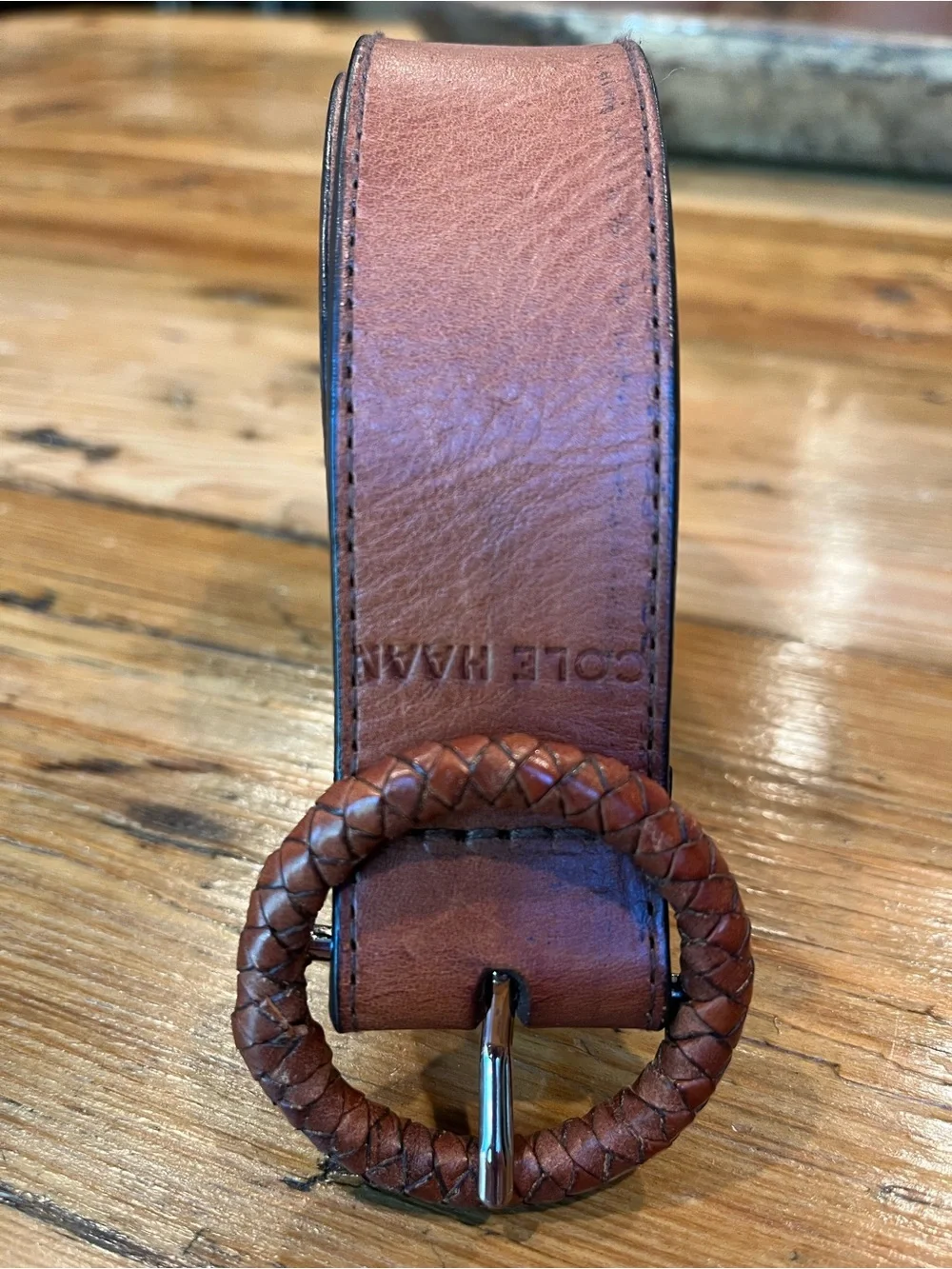 Vintage Cole Haan Women’s Brown Braided Round-Buckle Leather Belt • Size Medium